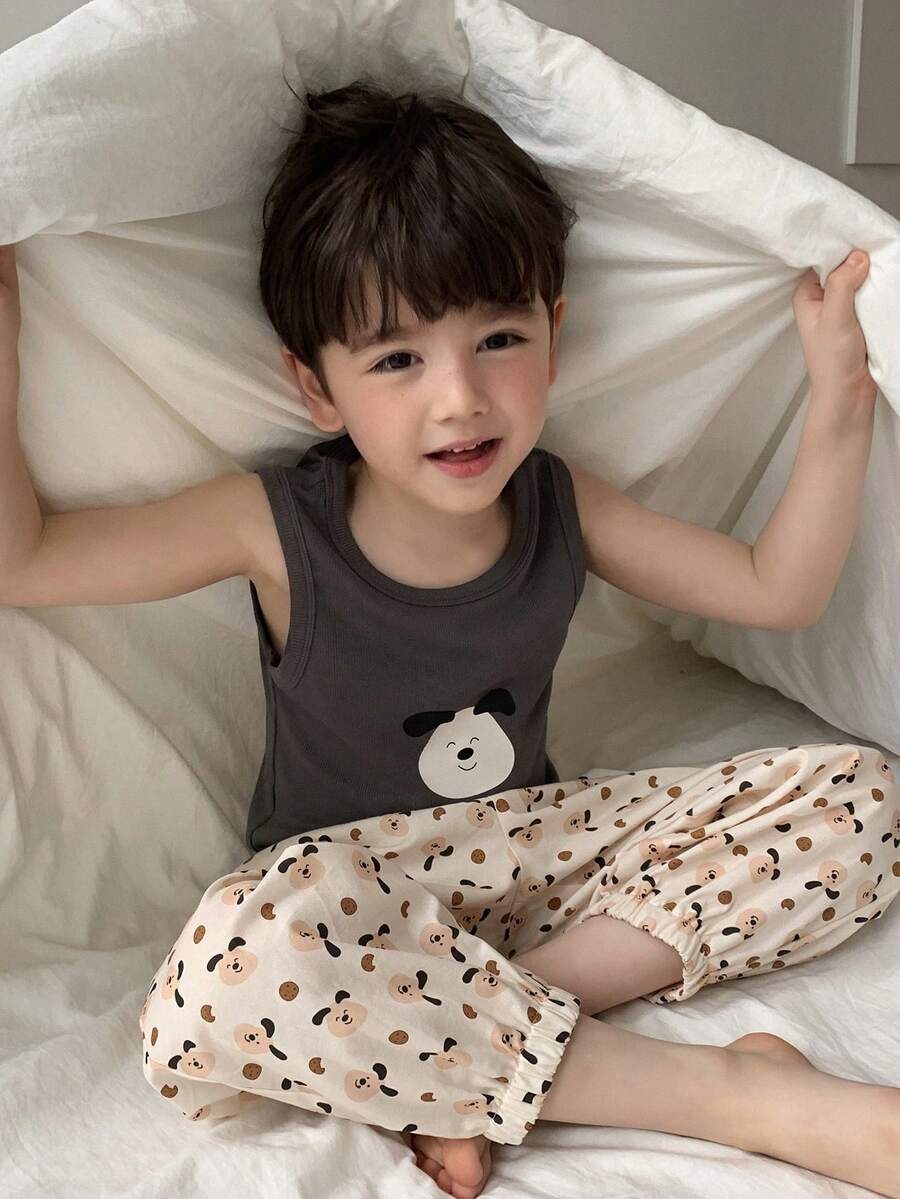 DAZY 卡通印花背心和裤子睡衣套装，适合小男孩 - 灰色 - 查看 1
