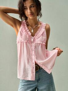 SoleilVie Áo sơ mi không tay kiểu dáng thường ngày, cổ chữ V, xếp ly phía trước và có cúc cài. - Hồng - Xem 1