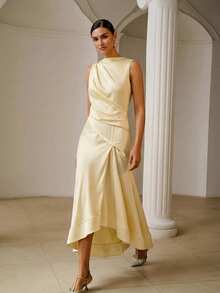 ZEYLAH Asymmetrical Ruched Dress, Spring/Summer Dinner Cream White Elegant - Yellow - View 3