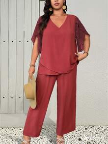 SHEIN LUNE 2 件套大码女式休闲镂空拼接荷叶边袖上衣和直筒裤度假套装 - 玫紅色 - 查看 5