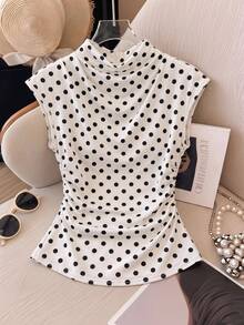 SHEIN EZwear 女士立领短袖白色底波点修身衬衫 - 黑與白 - 查看 10