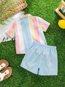 SHEIN 2件套男童休闲舒适百搭条纹立领短袖衬衫和短裤套装 - 彩色 - 查看 3