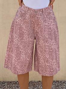 Livesso Shorts de Denim de Algodão Soltos com Estampa de Leopardo para Mulheres, Adequados para Festa, Praia, Férias, Verão - Rosa chiclete - Visão 3