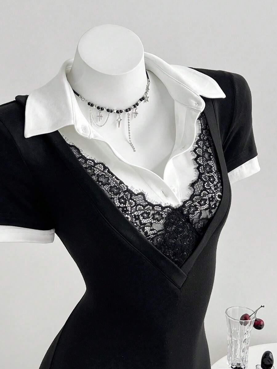 Elamini Vestido ajustado de manga corta con cuello polo, combinación de encaje y contraste de color negro y blanco 2 en 1, estilo elegante y retro, adecuado para la temporada de graduación, estilo escolar, uso diario y oficina, color negro - Negro - Ver 1