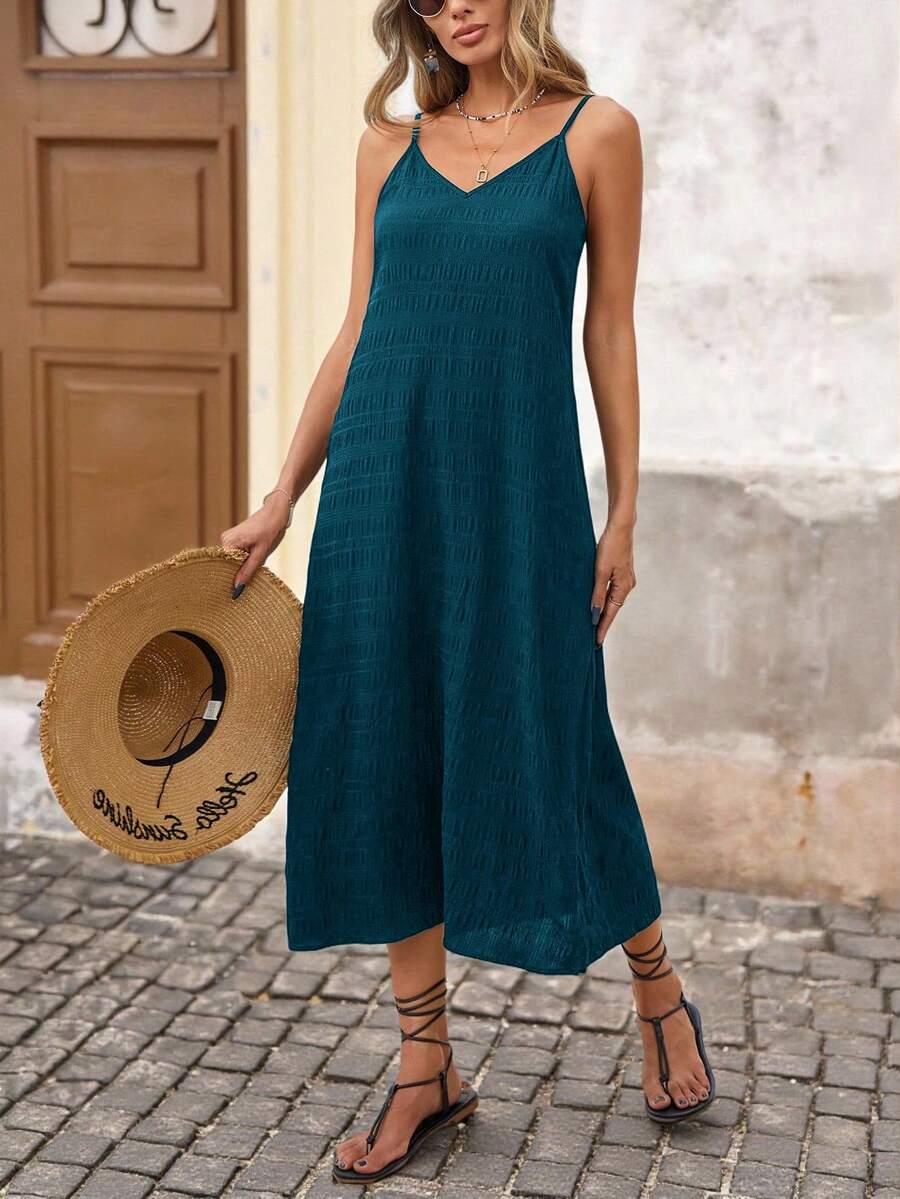 Brillora Đầm midi dệt màu trơn, dây mảnh, chất liệu có họa tiết, thích hợp cho kỳ nghỉ. - Màu xanh Cadet - Xem 1