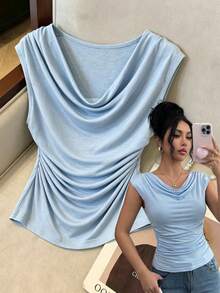 SHEIN Holidaya Áo thun nữ dáng rộng cổ tròn, màu xanh ngọc lam, có nhún bèo, thích hợp mặc đi nghỉ mát. - Màu xanh lam - Xem 1