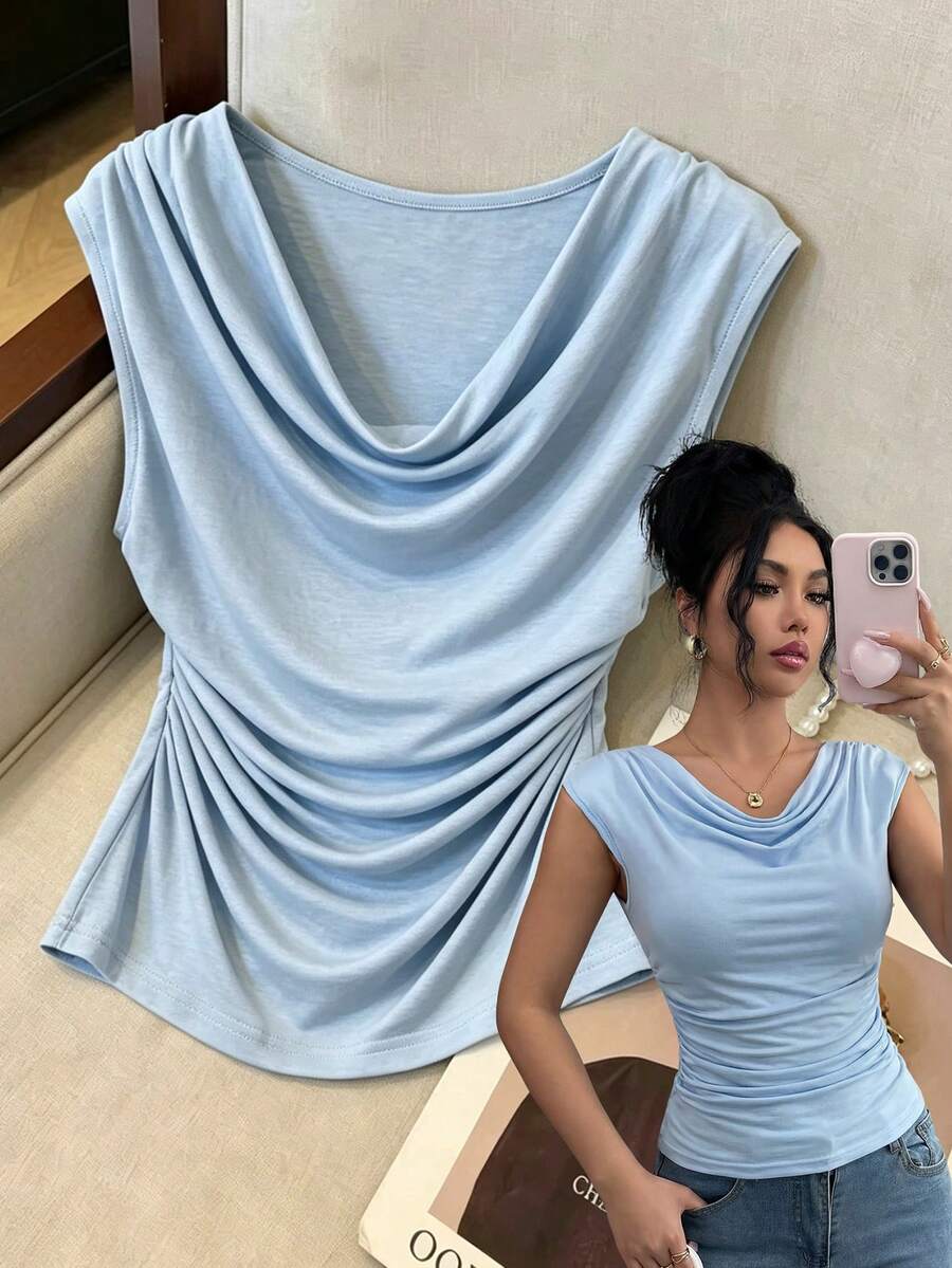 SHEIN Holidaya Áo thun nữ dáng rộng cổ tròn, màu xanh ngọc lam, có nhún bèo, thích hợp mặc đi nghỉ mát. - Màu xanh lam - Xem 1