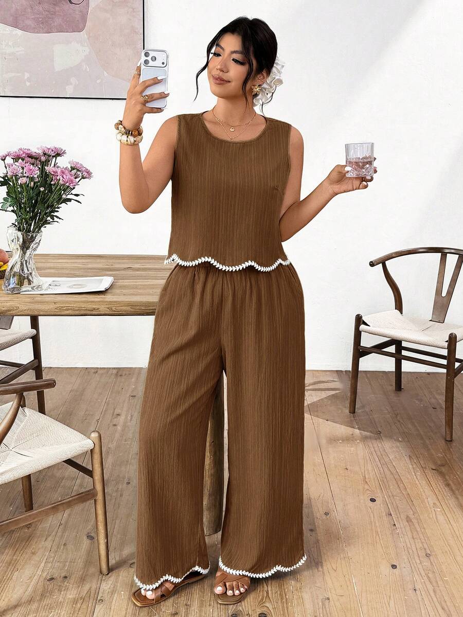 Lounesse Plus Size Color Block Round Neck Top And Pants Casual Two Pieces Set - Brown - View 1