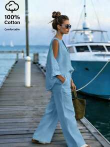 EMERY ROSE Women's Off-Shoulder V-Neck Blouse And Cotton Pants 2 Pieces Set - Blue - View 5