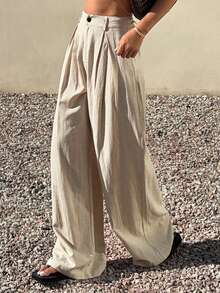 DAZY Pantalones casuales de verano para vacaciones, de pierna ancha y suelta, con pliegues, de unicolor para mujer - Albaricoque - Ver 5