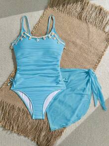 SHEIN Teen Girls Solid Color Jacquard 2 Pieces Set - Baby Blue - View 4