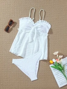 Swim Mod Bộ bikini hai mảnh dành cho nữ, chất liệu vải trắng có họa tiết, thiết kế thắt nút và xếp nếp, mẫu bikini hai mảnh mới mùa hè 2026, thích hợp cho hẹn hò, nghỉ mát ở bãi biển. - trắng - Xem 4