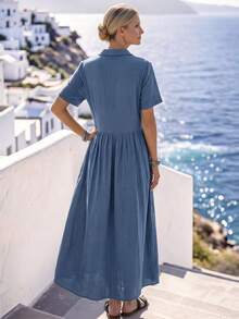 Faunlyn Women's Solid Color Bow Decor Short Sleeve Elegant Dress - Blue - View 3