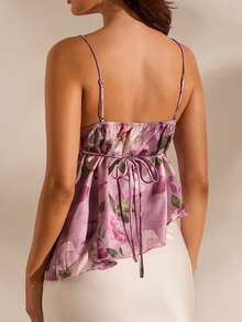 Opulessa Camisola asimétrica de mujer con encaje de contraste estampado y tejido para vacaciones de primavera/verano - Rosa - Ver 8