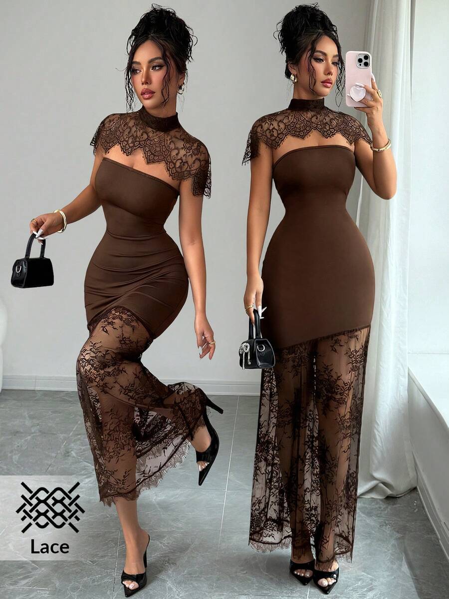 SHEIN Elenzya Women's Contrast Lace Stand Collar Fitted Elegant Dress - Brown - View 1
