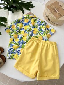 LMoss Kids 2pcs/Set Kaos Lengan Pendek Leher Bulat Minimalis Kasual dan Celana Pendek untuk Anak Laki-Laki, Cocok untuk Musim Panas dan Liburan - MultiWarna - View 2