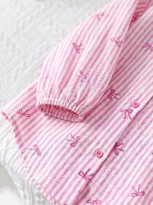 SHEIN LMoss Kids LMoss 女童宽松条纹翻领休闲衬衫 - 粉色 - 查看 5