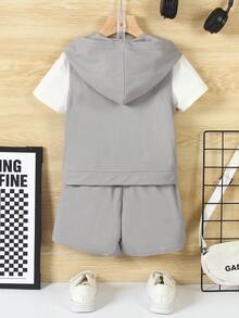 SHEIN Genkimix Kids Bộ 2 áo hoodie có khóa kéo màu trơn thường ngày mùa hè cho bé trai mới biết đi và quần short in họa tiết, vải mềm mại thoải mái, thích hợp để mặc hàng ngày - Xám - Xem 2
