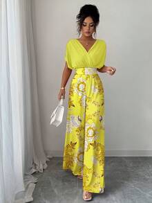 Elenzga Bộ jumpsuit dài in họa tiết, cổ chữ V, dáng rộng, xếp ly, eo, dành cho nữ. - Màu vàng ngỗng - Xem 5