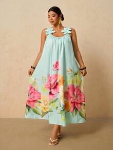 Travachic Plus Size Women Floral Decor Ruched Casual Party Dress - Mint Green - View 3