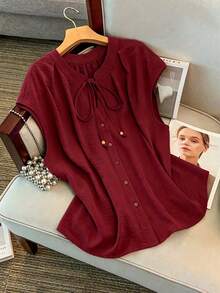 GlowEve CURVE Plus Size Women Elegant Eleganza Solid Color Round Neck Contrast Color Single-Breasted Drawstring Tank Top Sleeveless Formal Office Burgundy Summer - Burgundy - View 4