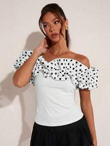 COSMINA Women's Elegant Cute White With Black Polka Dots Contrast Color Off-Shoulder Petal Sleeve Top, Versatile For Commute Vacation, Office, Dates, Parties - White - View 5
