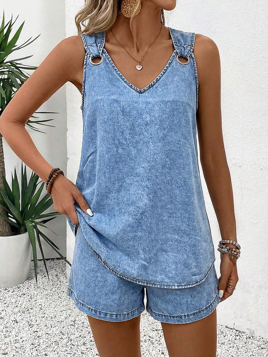 EMERY ROSE Mature Denim 女士V领无袖印花善良图案上衣和短裤休闲牛仔套装 - 藍色 - 查看 1
