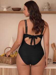 Swim Chiccia 大码女士优雅纯色连体泳衣 - 黑色 - 查看 2