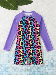 Tween Girls Leopard Print Zipper One-Piece Swimsuit - White - View 6