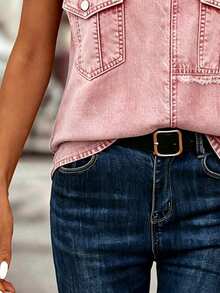 EMERY ROSE Women's Standard V-Neck Denim Print Short Sleeve T-Shirt - White - View 5
