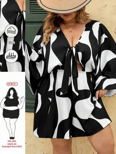 SHEIN CURVE+ Bộ jumpsuit nữ cỡ lớn, dáng rộng, cổ chữ V, thắt nơ, in họa tiết, thích hợp cho kỳ nghỉ, phong cách bohemian và lễ hội âm nhạc.