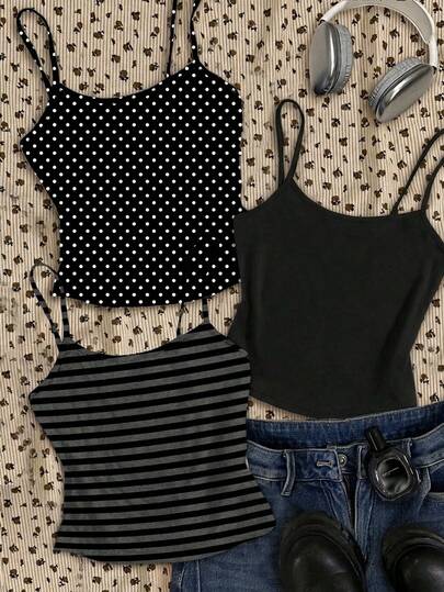 3pcs/Set Teen Girl Casual Fitted Camisole, Suitable For Spring, Summer, Autumn And Winter
