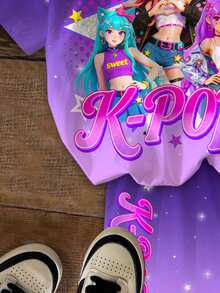 少女卡通人物、K-Pop巨星图案、彩色渐变印花短袖T恤和短裤两件套，夏季 - 彩色 - 查看 7