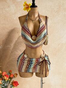Soleia Women's Summer Beach Patchwork Halter Tie Tankini Top And Triangle Bottoms Swimwear Set With Mini Skirt - Multicolor - View 1
