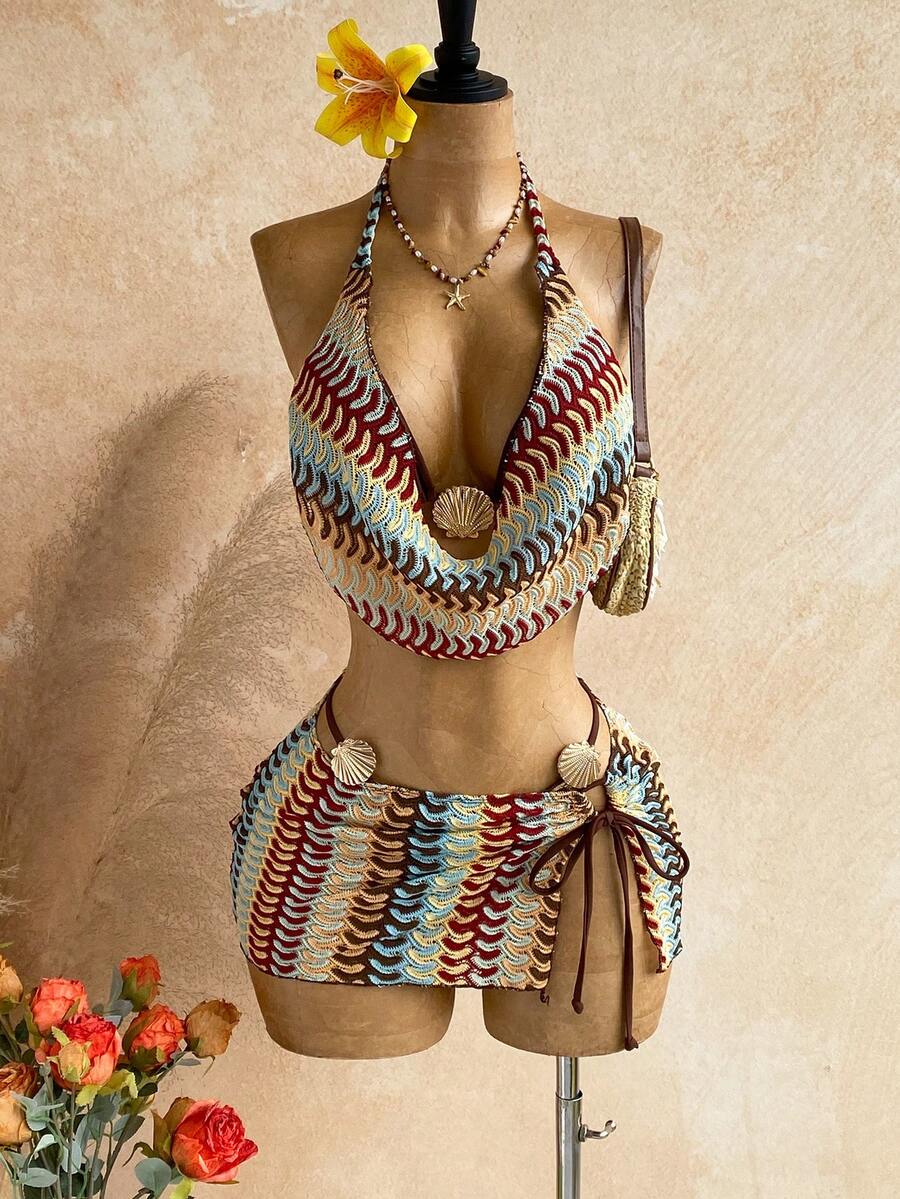 Soleia Women's Summer Beach Patchwork Halter Tie Tankini Top And Triangle Bottoms Swimwear Set With Mini Skirt - Multicolor - View 1
