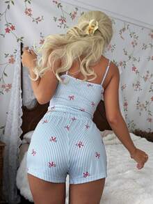 Softscene Lace Patchwork Striped Bow Print Camisole & Shorts Women Pajama Set - Multicolor - View 2