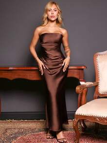 Victoria Miranda Autumn/Winter Women's Sexy Minimalist Solid Color Cream Yellow Ruched Backless Mermaid Dress Elegant - Coffee Brown - View 6