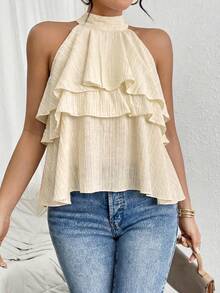 Firerie Blusa de gasa con volantes asimétricos y cuello suelto - Albaricoque - Ver 7