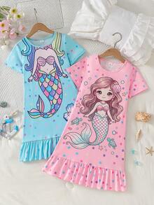 Set de 2 piezas de pijama vestido con cuello redondo, manga corta, volantes y estampado de sirena para niñas jóvenes, lindo y dulce - Multicolor - Ver 3