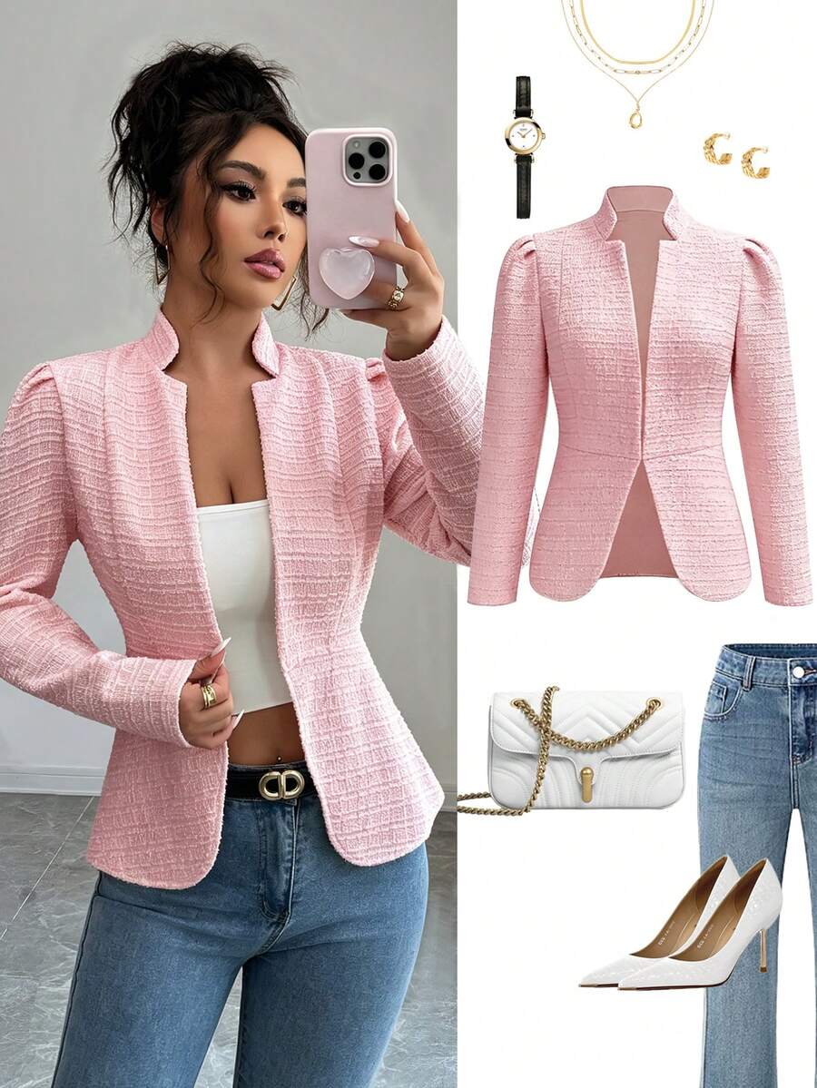 SHEIN Elenzya Áo blazer nữ thanh lịch, màu trơn, tay phồng, thích hợp cho công sở, đi làm, mùa xuân/thu. - Hồng - Xem 1