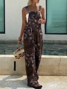 Livesso Brown Print Sleeveless Loose Denim Jumpsuit & Overalls For Women - Brown - View 5
