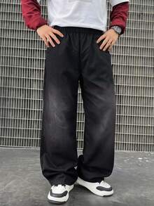 1pc Teen Boy New Spring Autumn Black Cartoon Graffiti Mid-Teen Boy Loose Fit Wide-Leg Pants - Black - View 2