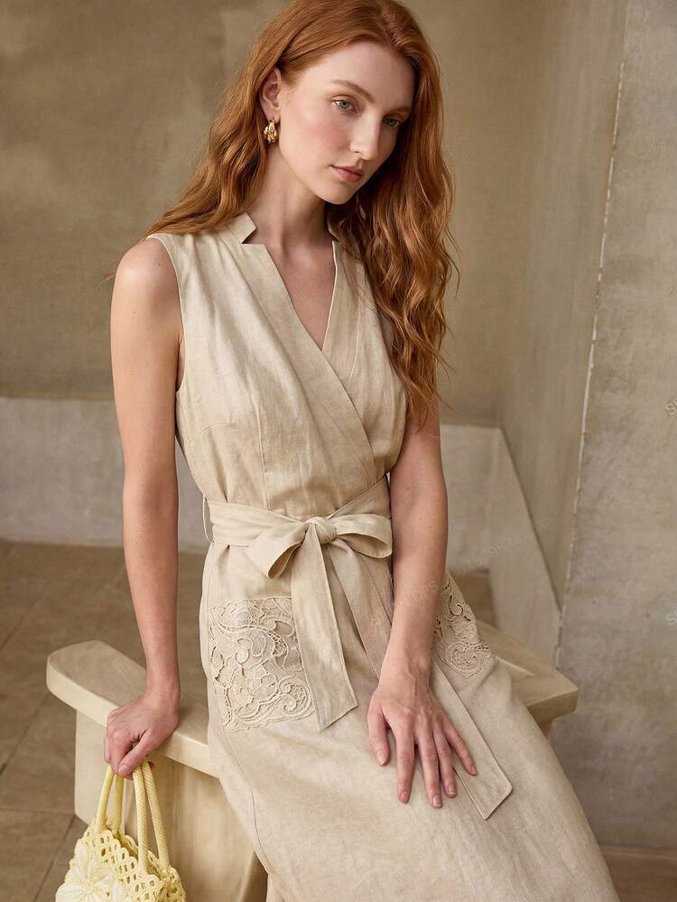 LINEN EMBROIDERY SLEEVELESS BELTED DRESS