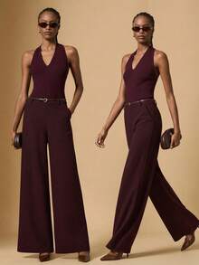 Briarwyn Women's Elegant Sexy Pastal Fashion Backless Halter Top And Wide Leg Pants 2 Pieces Set Office Golf Dinner Summer - Coffee Brown - View 7