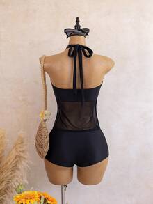 Bellisia French Elegant Halter Metal Decor Mesh Splice Vacation Tankini Set - Black - View 2