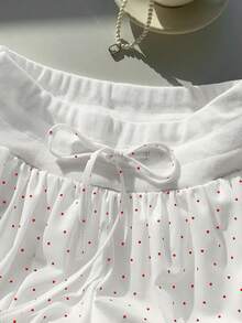 Comfortcana Summer Casual Red Polka Dot Print Drawstring Waist Ruffle Hem Shorts - White - View 4