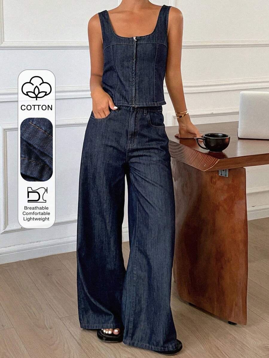 DAZY Conjunto casual de top de mezclilla de cuello en V profundo y pantalones vaqueros anchos y sueltos para mujer - Azul lavado oscuro - Ver 1