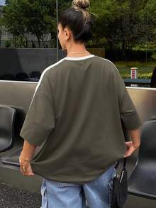DAZY Casual Basic Contrast Color Round Neck Loose T-Shirt, Autumn Golf White - Olive Green - View 5