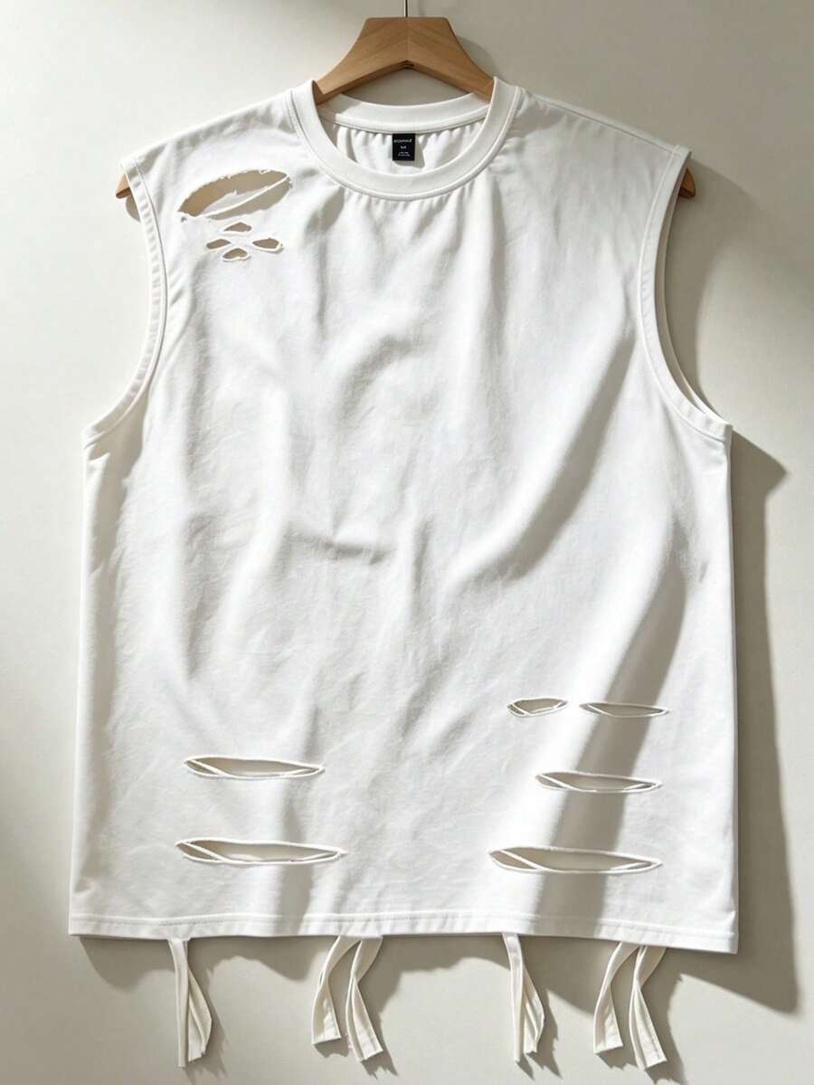 ROMWE MEN Áo thun không tay unisex phong cách vintage cổ tròn, thích hợp cho nam và nữ, thích hợp cho mùa xuân, hè, thu 2026. - trắng - Xem 1
