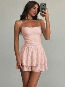 Aloruh Women's Fashion Versatile Cut-Out Double Ruffle Hem Camisole Romper - Dusty Pink - View 4